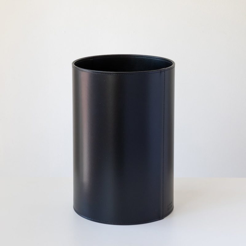 round leather wastebasket black