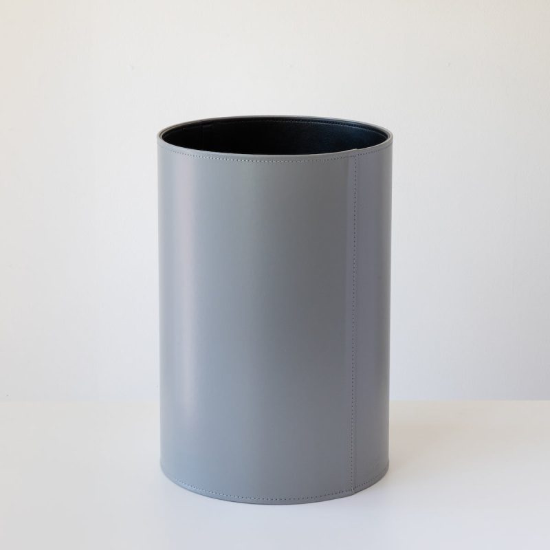 round leather wastebasket grey