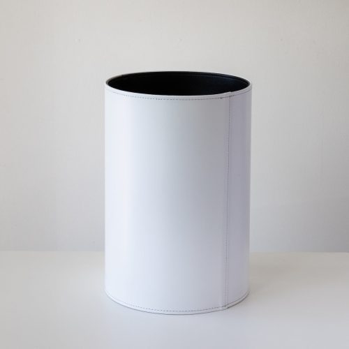 round leather wastebasket white